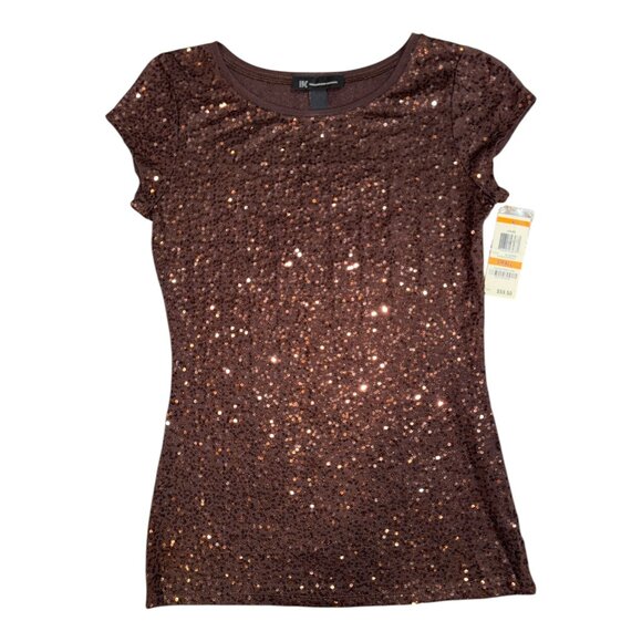 *NWT* INC International Concepts Brown Double Espresso Sequin Short Sleeve Top S - Picture 4 of 10